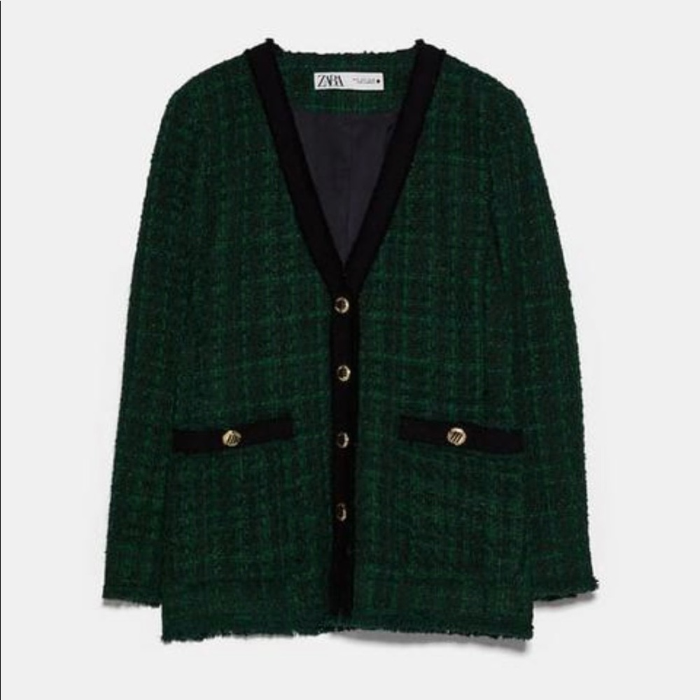 Zara Green Tweed Blazer with Black Trim